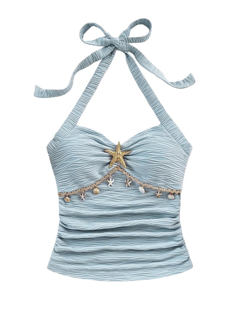 Halter Tops SOLY HUX V Neck Open Back Ruched Floral Blue - Image 1