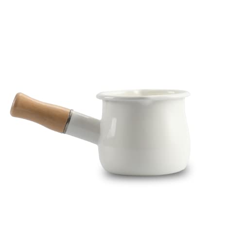 FARCADY 0.6qt Mini Enamel Milk Pot Insulated Wooden Handle 2 Pour Spouts Small Food Warmer Cute Saucepan(D015,White) - Image 1