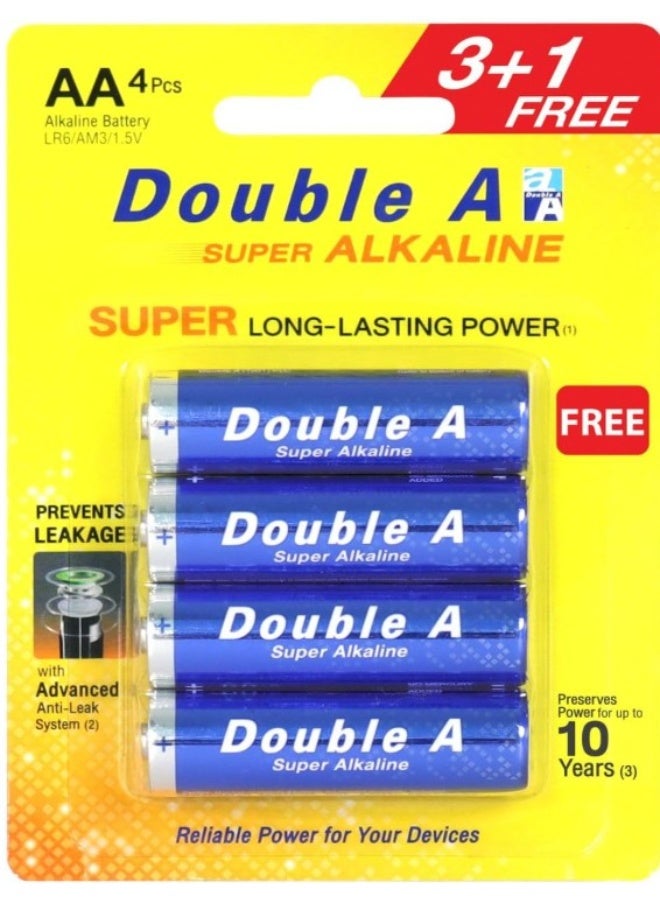 Double A Long Lasting Power AA Super Alkaline Batteries 4-Pieces Set, Blue - Image 1