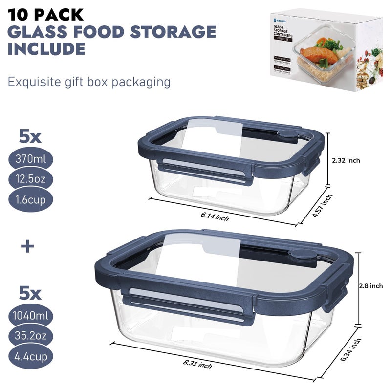 BOROHOUSE 10-Pack Glass Food Storage Containers with Tempered Lids â€“ Borosilicate, Airtight, Oven-Safe (-4Â°F~950Â°F), BPA-Free, 4.4 & 1.6 Cup, Leak-Proof, Dishwasher Safe (Blue) - Image 2