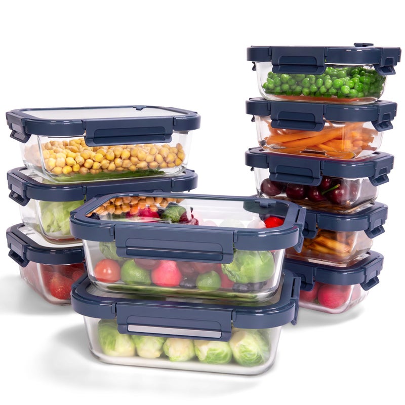 BOROHOUSE 10-Pack Glass Food Storage Containers with Tempered Lids â€“ Borosilicate, Airtight, Oven-Safe (-4Â°F~950Â°F), BPA-Free, 4.4 & 1.6 Cup, Leak-Proof, Dishwasher Safe (Blue) - Image 1