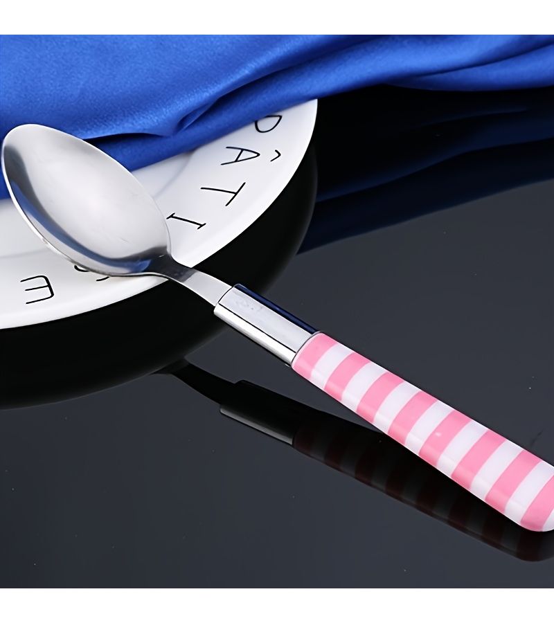 24 Pcs Pink And White Striped Handle Stainless Steel Cutlery Set Polished Surface Dinner Knife Dessert Spoon Dinner Fork Teaspoon Soup Spoon Steak Knife Creative Kitchen Tools - Image 4