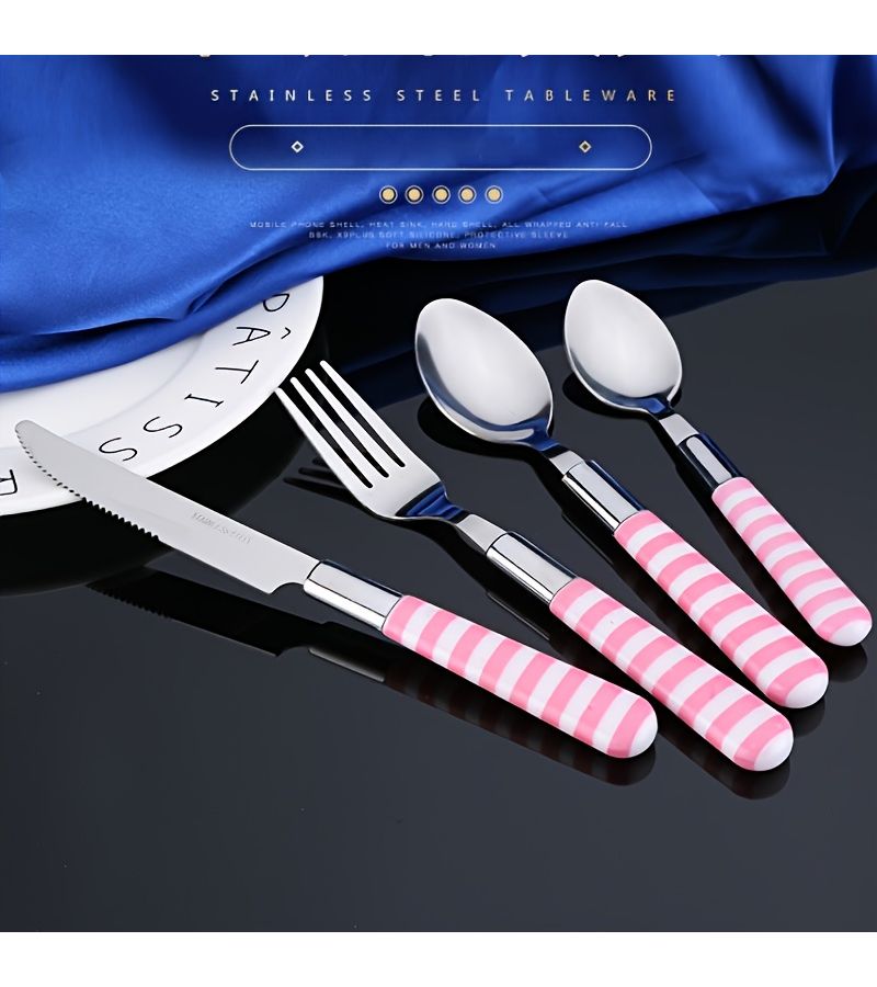 24 Pcs Pink And White Striped Handle Stainless Steel Cutlery Set Polished Surface Dinner Knife Dessert Spoon Dinner Fork Teaspoon Soup Spoon Steak Knife Creative Kitchen Tools - Image 1
