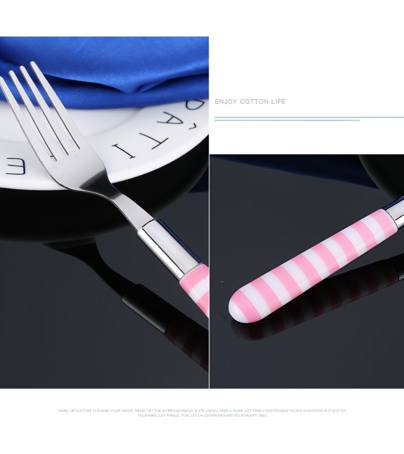24 Pcs Pink And White Striped Handle Stainless Steel Cutlery Set Polished Surface Dinner Knife Dessert Spoon Dinner Fork Teaspoon Soup Spoon Steak Knife Creative Kitchen Tools - Image 5