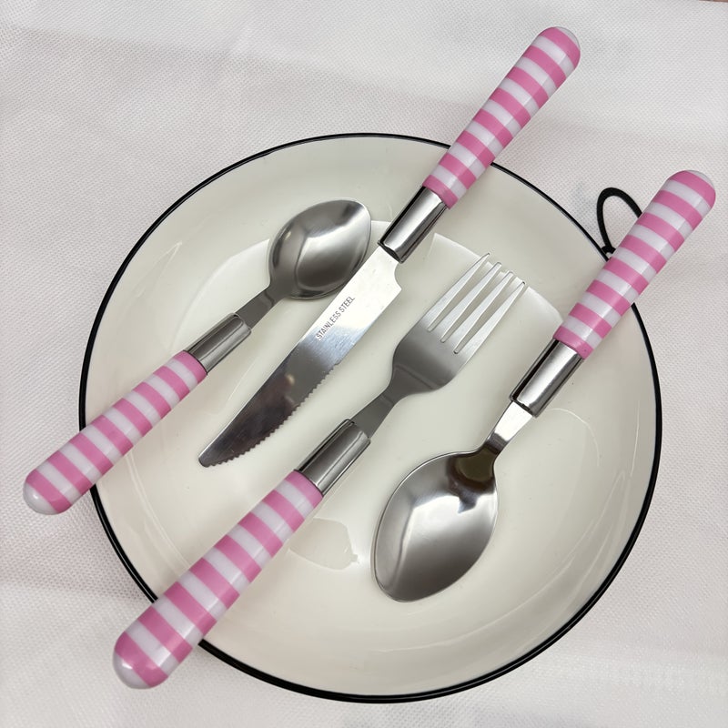 24 Pcs Pink And White Striped Handle Stainless Steel Cutlery Set Polished Surface Dinner Knife Dessert Spoon Dinner Fork Teaspoon Soup Spoon Steak Knife Creative Kitchen Tools - Image 2