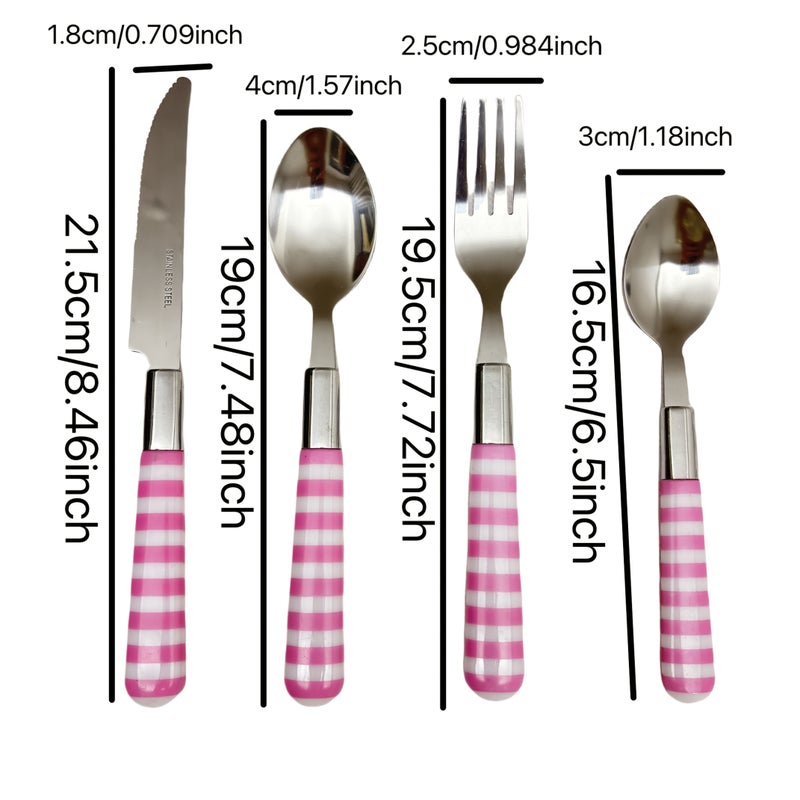 24 Pcs Pink And White Striped Handle Stainless Steel Cutlery Set Polished Surface Dinner Knife Dessert Spoon Dinner Fork Teaspoon Soup Spoon Steak Knife Creative Kitchen Tools - Image 3