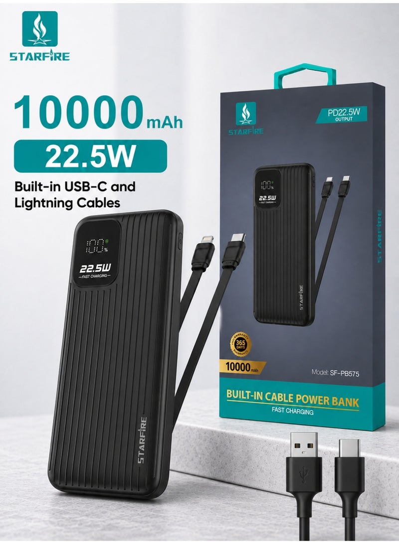 STARFIRE 10000mAh Power Bank with Built-in Type-C & Lightning Cables, 22.5W Fast Charging Portable Charger, LED Digital Display, USB-A & PD20W Type-C Output, Compact Battery Pack for iPhone 17 / 17 Pro / 17 Pro Max / iPhone Air / 16 / 15 / 14 / 13 / 12 Series, Samsung Galaxy S25 / S24 / S23 / S22, iPad, Xiaomi, OnePlus, Huawei - Image 1