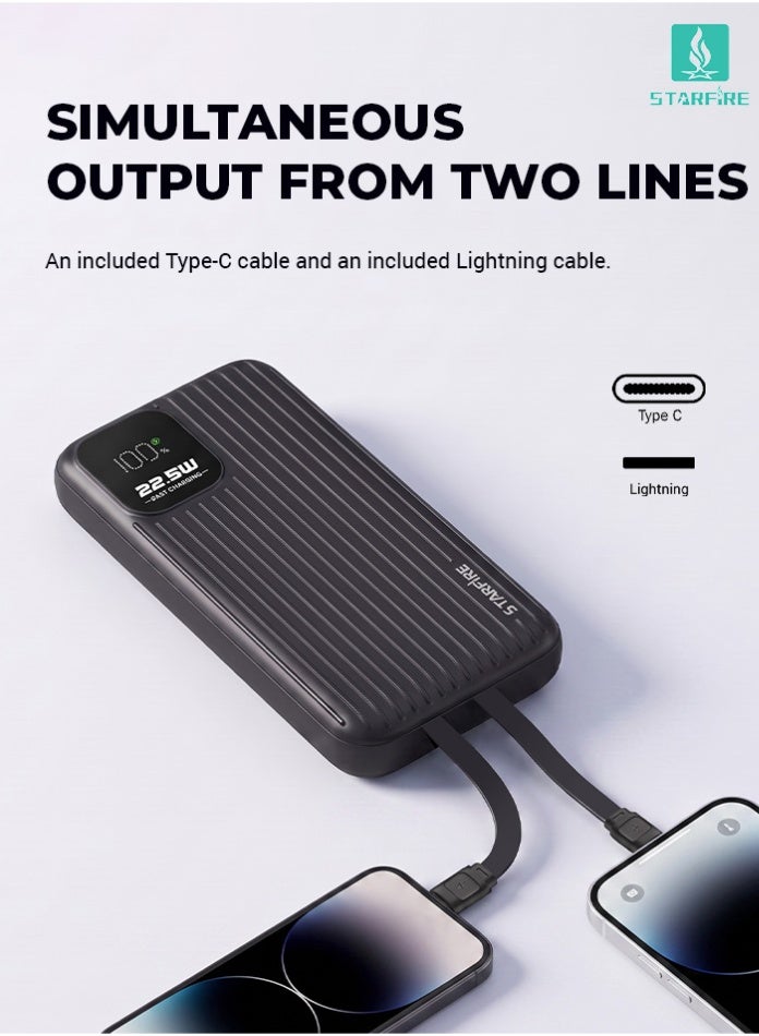 STARFIRE 10000mAh Power Bank with Built-in Type-C & Lightning Cables, 22.5W Fast Charging Portable Charger, LED Digital Display, USB-A & PD20W Type-C Output, Compact Battery Pack for iPhone 17 / 17 Pro / 17 Pro Max / iPhone Air / 16 / 15 / 14 / 13 / 12 Series, Samsung Galaxy S25 / S24 / S23 / S22, iPad, Xiaomi, OnePlus, Huawei - Image 4