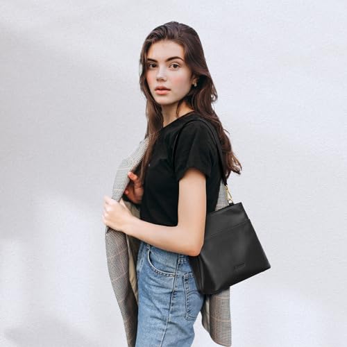 Kattee Leather Handbags for Women, Soft Shoulder Tote Bucket Bags Crossbody Purses with 2 Straps Black - Image 3