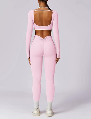 AGYMNX Workout Sets for Women 2 Piece Outfits Seamless High Waist Leggings Yoga Long Sleeve Crop Tops Athletic Gym Sets - Image 2