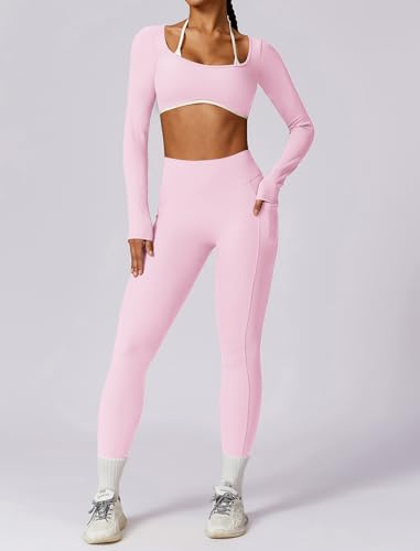 AGYMNX Workout Sets for Women 2 Piece Outfits Seamless High Waist Leggings Yoga Long Sleeve Crop Tops Athletic Gym Sets - Image 4
