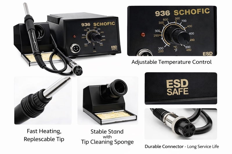 SCHOFIC 936 Rework Soldering Station Set with Soldering Iron Handle, Iron Holder, High Temperature Resistant Sponge, Manual, and Power Plug - Image 3