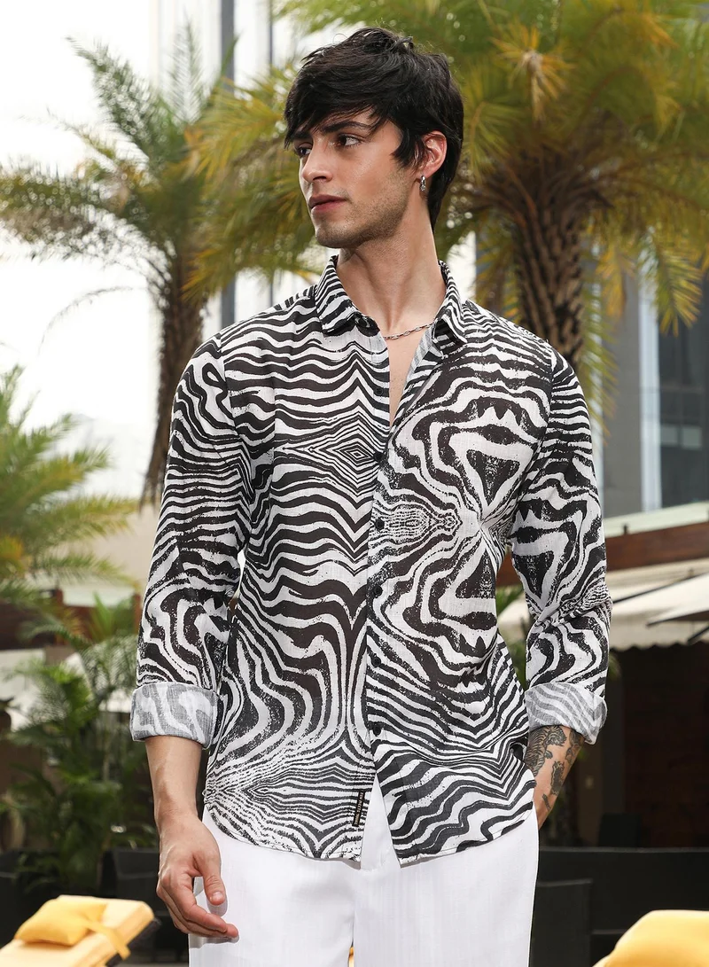 CAHOOT  Men's Daisy White & Charcoal Black Zebra-Kaleidoscopic Shirt for Men | Best Price UAE