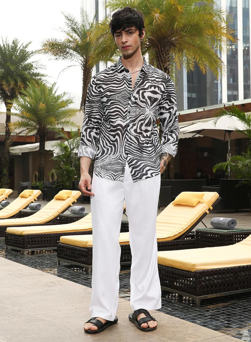 CAHOOT  Men's Daisy White & Charcoal Black Zebra-Kaleidoscopic Shirt for Men | Best Price UAE