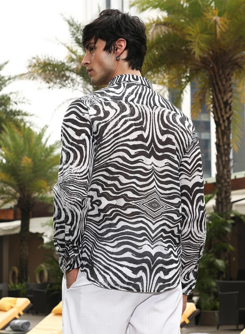 CAHOOT  Men's Daisy White & Charcoal Black Zebra-Kaleidoscopic Shirt for Men | Best Price UAE