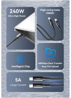 ESSAGER High quality braided cable C To C ,1 meter long, supports fast charging up to 240 watts, Black  - Image 3