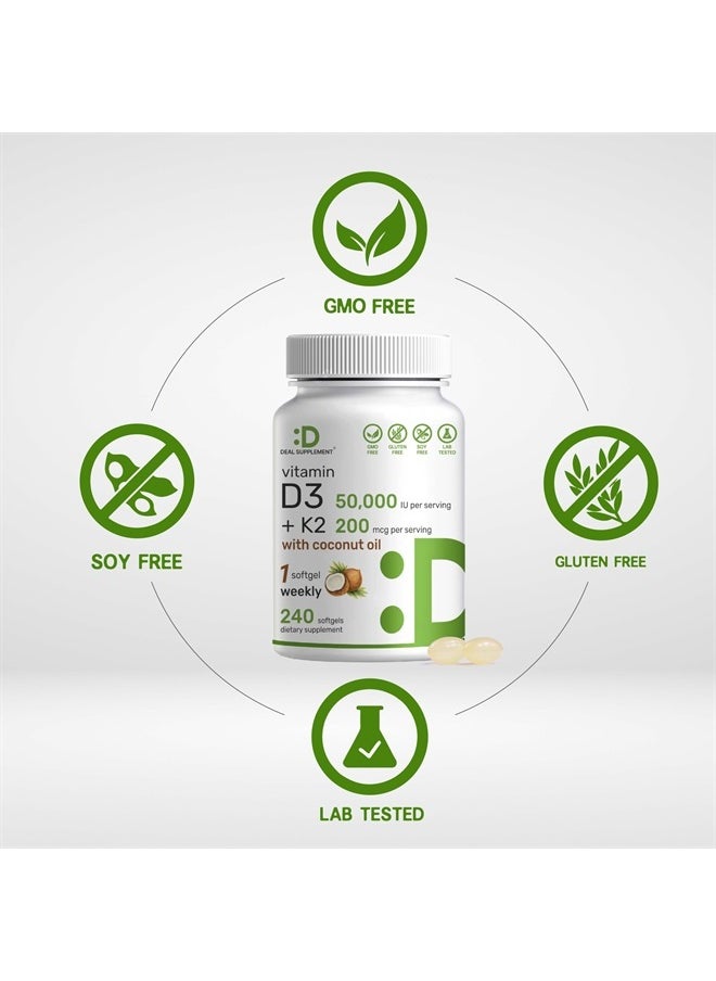 DEAL SUPPLEMENT فيتامين د3 50000 وحدة دولية + فيتامين ك2 MK7 200 ميكروجرام، 240 كبسولة هلامية | زيت جوز الهند البكر، فيتامين د وفيتامين ك بأقصى قوة، يعزز صحة القلب والعظام والأسنان - كبسولة هلامية واحدة أسبوعيًا، سهلة البلع  - Image 3