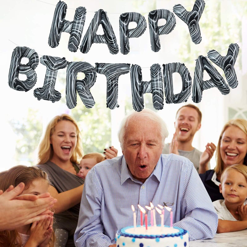 TONIFUL Black Marble Happy Birthday Balloons Banner,16 Inch Mylar Foil Letters Birthday Sign Bunting for Girls Boys Kids & Adults Birthday Decorations and Party Supplies - Image 3