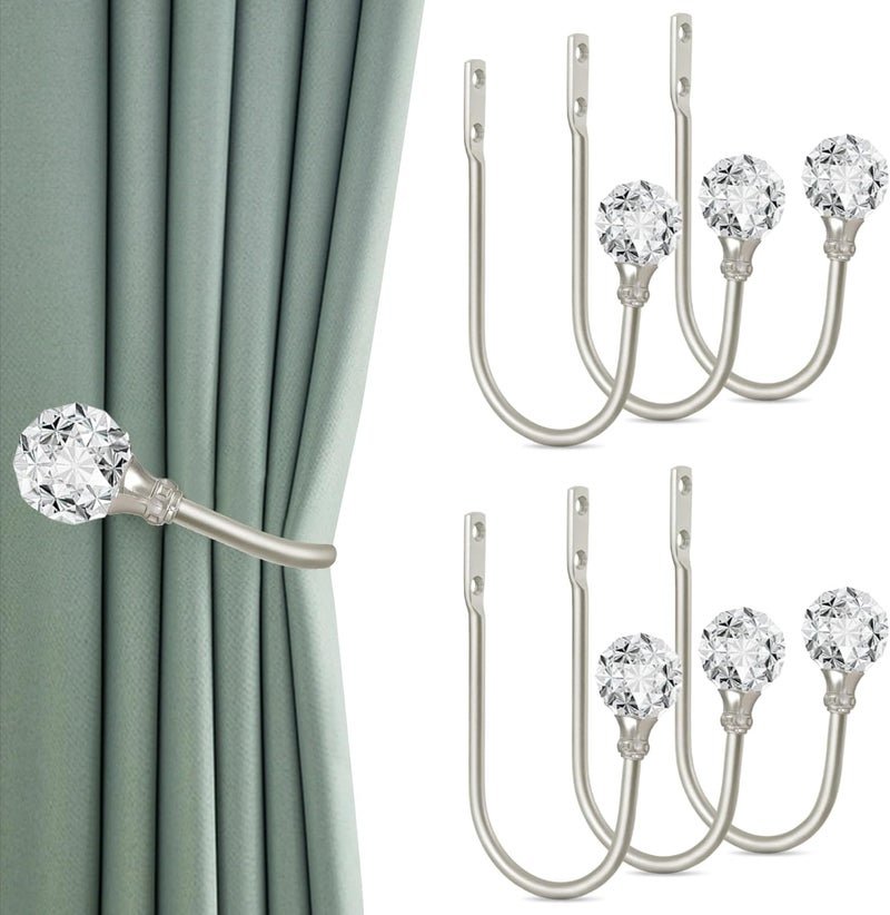 KOLAKO Curtain Holdbacks, Curtain Tiebacks Hooks with Clear Crystal Ball Curtain Tie Backs Wall Mounted Metal Drapery Pull Backs Tassel Silver Curtain Holders for Drapes, Home Decor (6 Pack) - Image 1