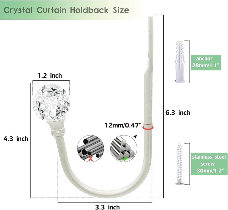 KOLAKO Curtain Holdbacks, Curtain Tiebacks Hooks with Clear Crystal Ball Curtain Tie Backs Wall Mounted Metal Drapery Pull Backs Tassel Silver Curtain Holders for Drapes, Home Decor (6 Pack) - Image 2