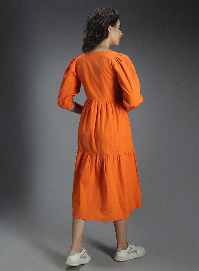 HIGH STAR Orange Tiered Midi Dress with 3/4 Sleeves - Image 5
