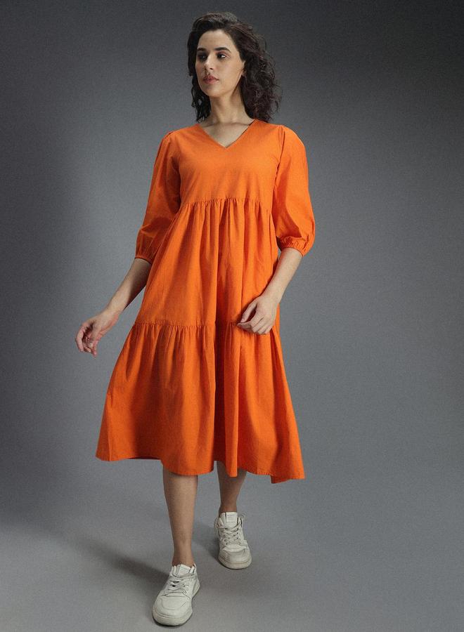HIGH STAR Orange Tiered Midi Dress with 3/4 Sleeves - Image 3