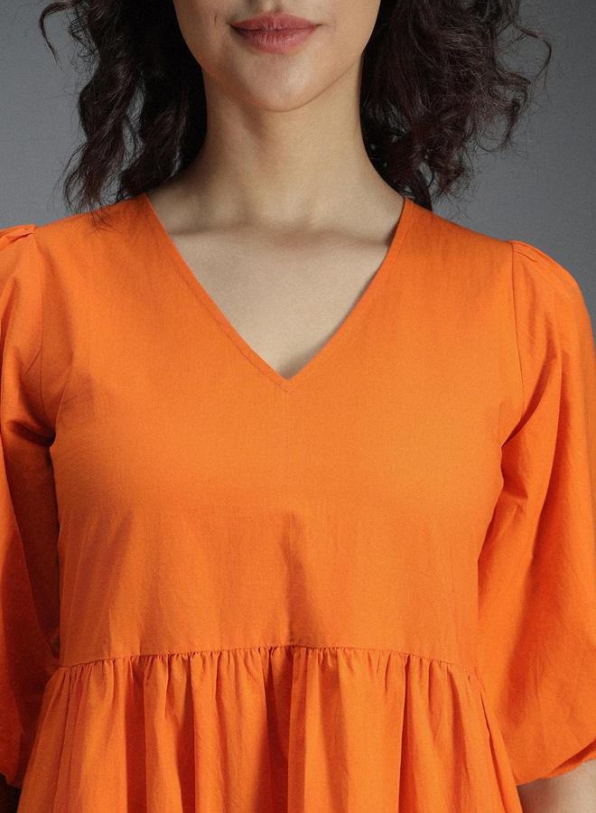HIGH STAR Orange Tiered Midi Dress with 3/4 Sleeves - Image 4