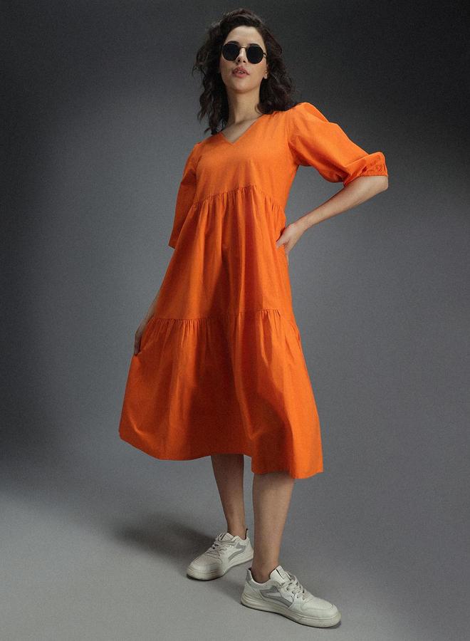 HIGH STAR Orange Tiered Midi Dress with 3/4 Sleeves - Image 1