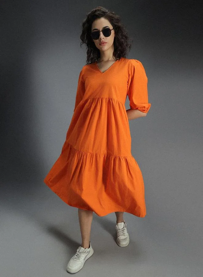 HIGH STAR Orange Tiered Midi Dress with 3/4 Sleeves