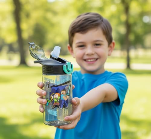 HOX Minecraft Reusable Drinks Bottle | BPA-free Plastic Lightweight Water Bottle with Carry Loop | Removable straw & spills Proof | Gift for Minecraft fan | Licensed Merchandise 600ML - Image 3