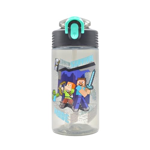 HOX Minecraft Reusable Drinks Bottle | BPA-free Plastic Lightweight Water Bottle with Carry Loop | Removable straw & spills Proof | Gift for Minecraft fan | Licensed Merchandise 600ML - Image 1