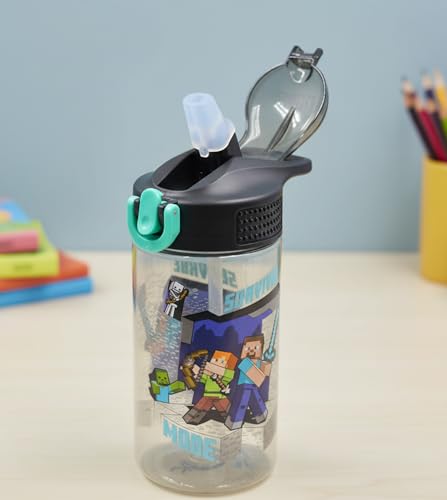 HOX Minecraft Reusable Drinks Bottle | BPA-free Plastic Lightweight Water Bottle with Carry Loop | Removable straw & spills Proof | Gift for Minecraft fan | Licensed Merchandise 600ML - Image 2