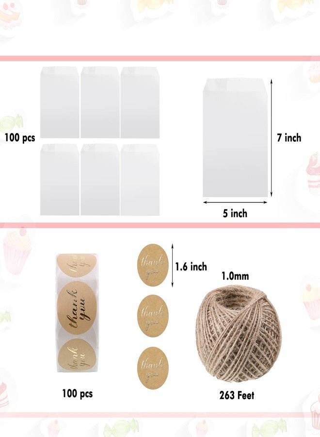 Zonon 100 Pieces Glassine Wax Paper Bag 5" x 7" Cookie Sleeves Bags, 100 Pieces Thank You Label Stickers and 263 Feet Jute Rope for Party Favors, Cookie Chocolate Candy(null) - Image 2