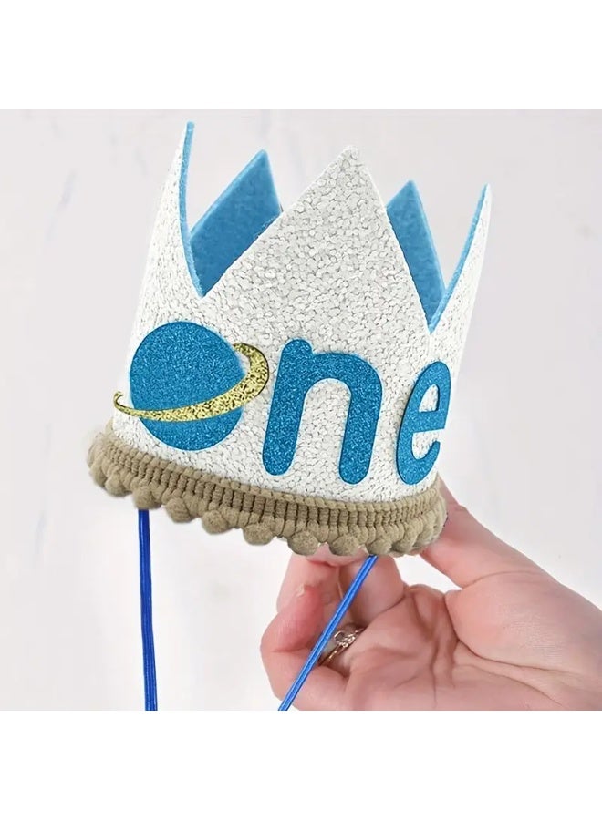 1pc Space-Themed Birthday Crown Hat, Felt Number One Party Decoration, Photo Prop, No Feathers, Festive Celebration Accessory