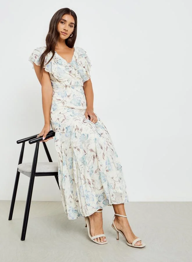 Women Blue Floral Maxi Dress with Ruffle Detail