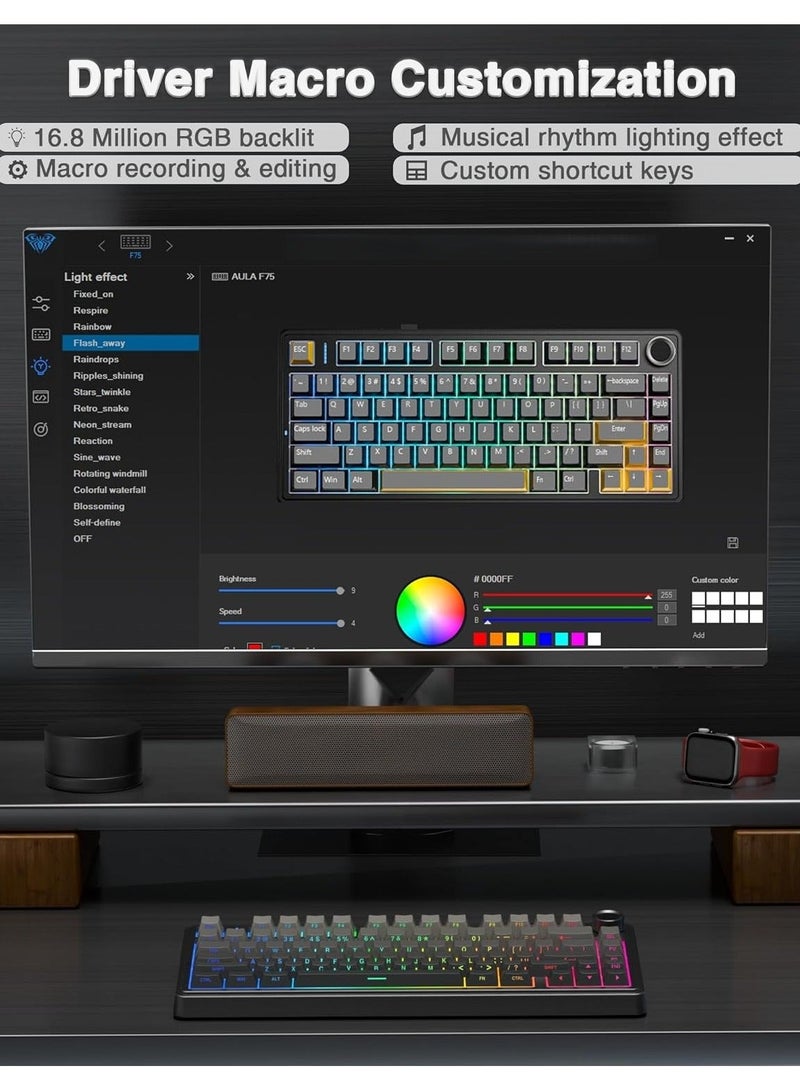 AULA F75 PRO Gaming Keyboard, 75% Hot-Switch Mechanical Keyboard, Custom RGB Backlit Keyboard with Five-Layer Padding, IDE Printed PBT Keycaps, Bluetooth/2.4GHz/USB-C, Hot-Switch Mechanical Gaming Keyboard, Grip, RGB, Reaper Gaming Switches (Gradient Black) - Image 3