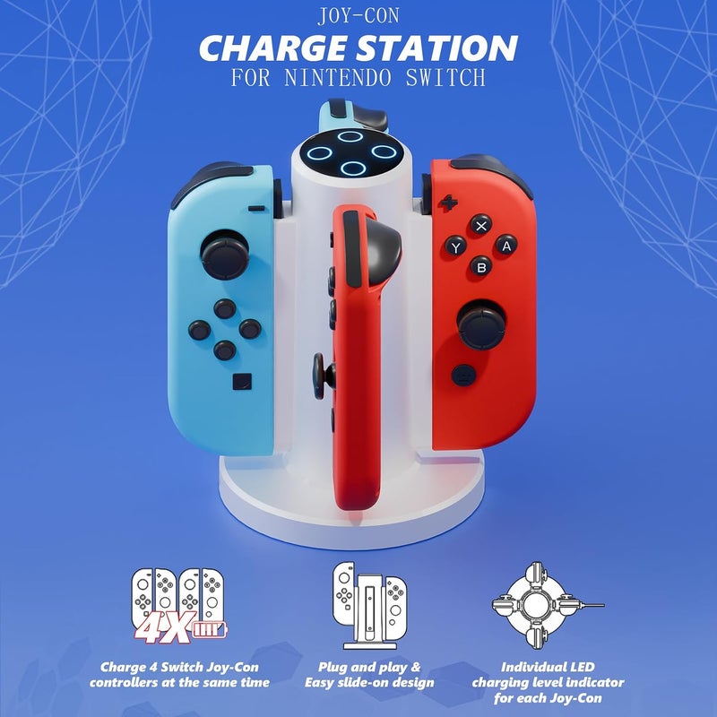 HONCAM Joycon Charging Dock for Nintendo Switch Controller, 4 in 1 Charger With USB Type-C Cord (White) - Image 5