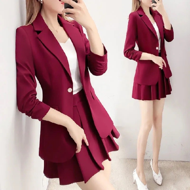 Red Suit Womens Skirt Womens 2023 Spring and Autumn Fashion Elegant Small Suit Jacket Pleated Skirt Two-piece Set Red [Coat + skirt]] 