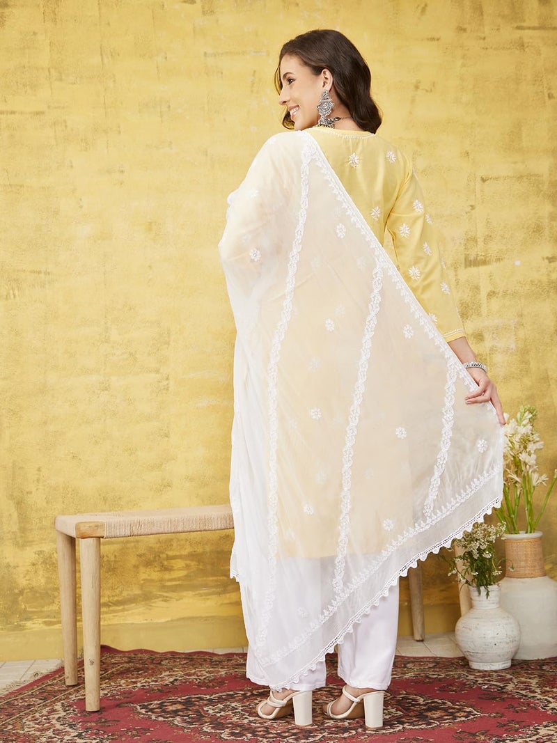 Ada Hand Embroidered Lucknowi Chikankari Chiffon Dupatta Stole for Women A511216 White - Image 2