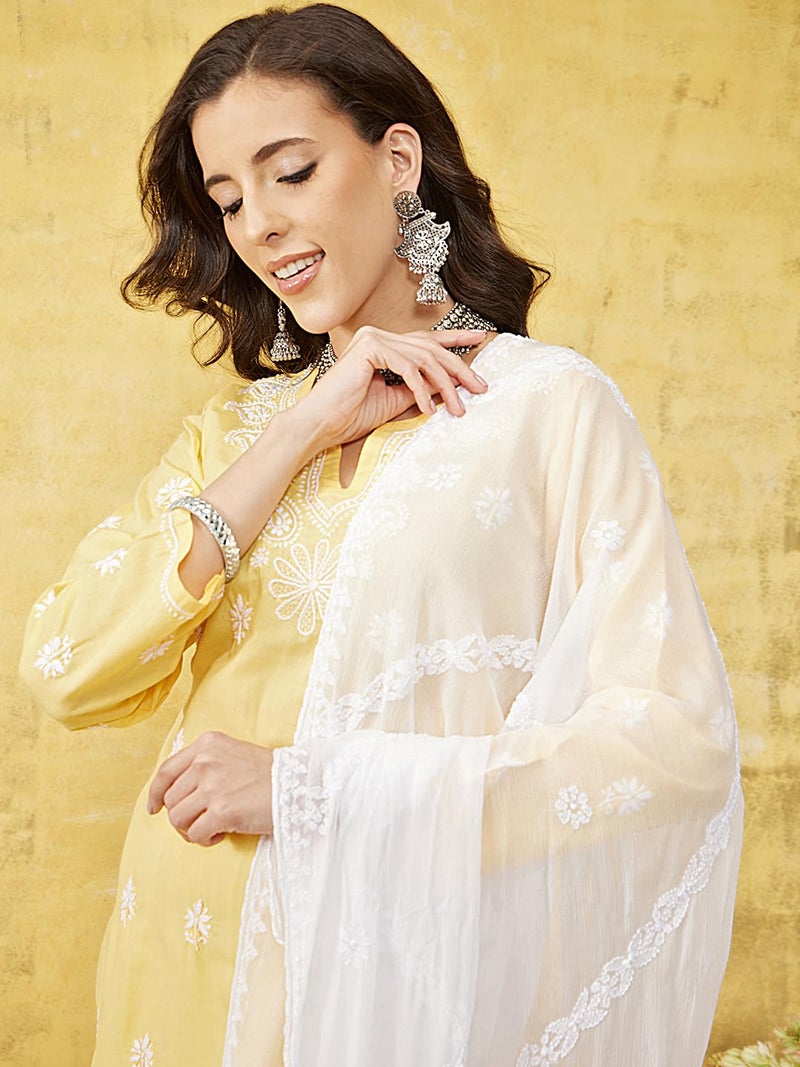 Ada Hand Embroidered Lucknowi Chikankari Chiffon Dupatta Stole for Women A511216 White - Image 5