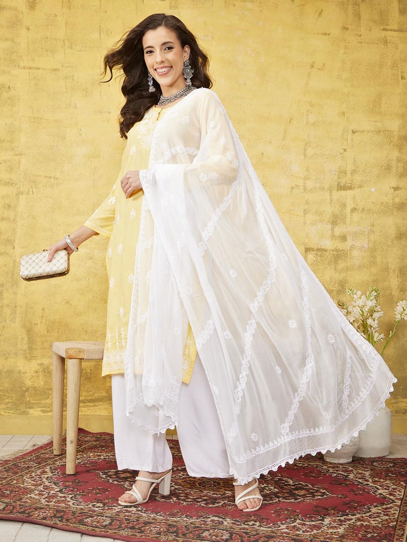Ada Hand Embroidered Lucknowi Chikankari Chiffon Dupatta Stole for Women A511216 White - Image 3