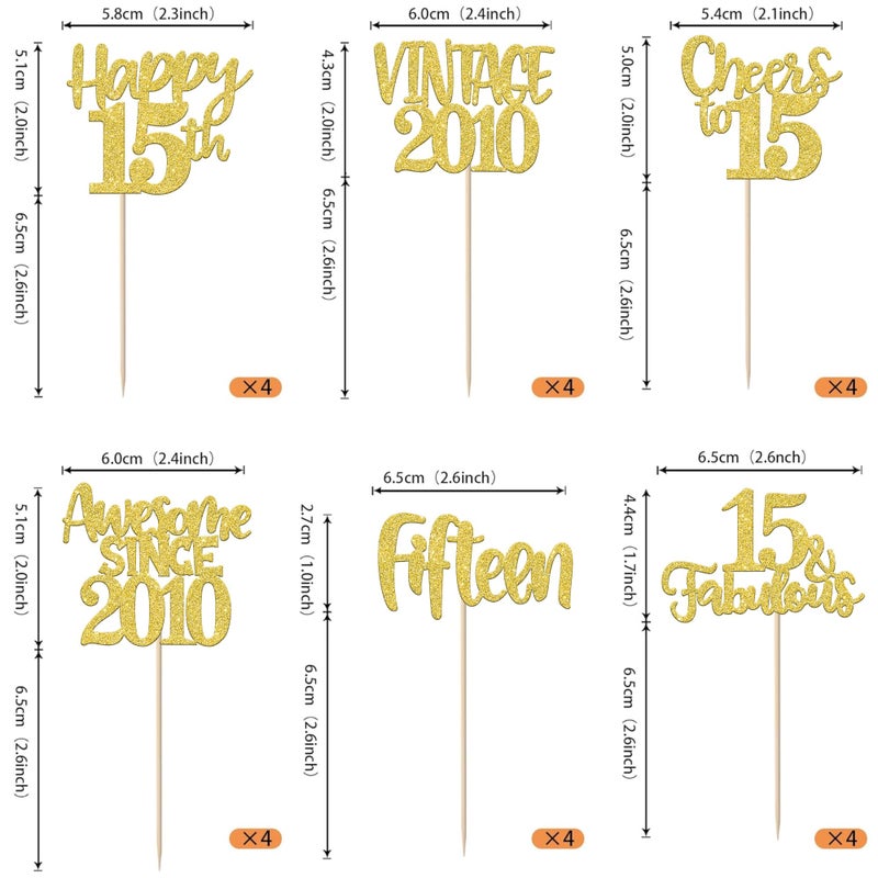 Rsstarxi 24 Pack Gold Happy 15th Birthday Cupcake Toppers Fifteen 15 Fabulous Vintage 2010 Cupcake Picks for Awesome Since 2010 Cheers to 15th Birthday Wedding Anniversary Party Cake Decorations - Image 3
