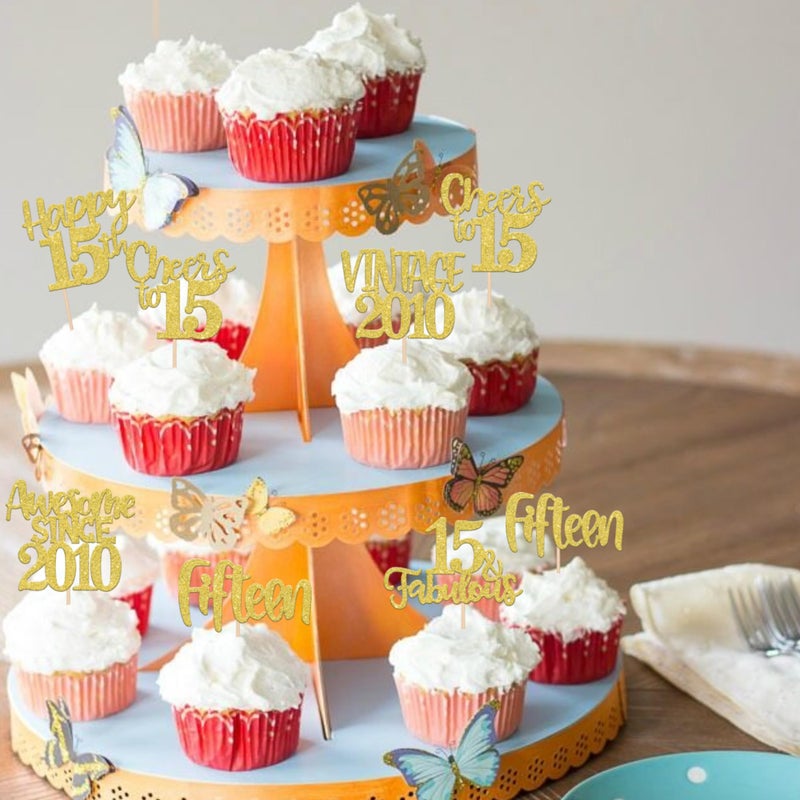 Rsstarxi 24 Pack Gold Happy 15th Birthday Cupcake Toppers Fifteen 15 Fabulous Vintage 2010 Cupcake Picks for Awesome Since 2010 Cheers to 15th Birthday Wedding Anniversary Party Cake Decorations - Image 4