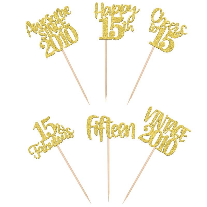 Rsstarxi 24 Pack Gold Happy 15th Birthday Cupcake Toppers Fifteen 15 Fabulous Vintage 2010 Cupcake Picks for Awesome Since 2010 Cheers to 15th Birthday Wedding Anniversary Party Cake Decorations - Image 2