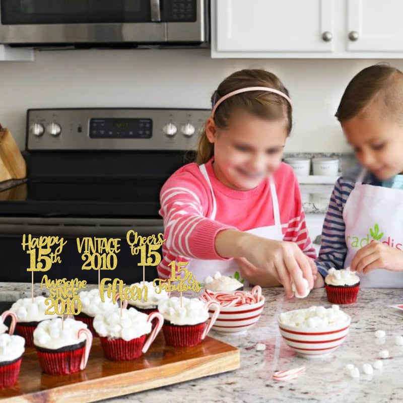 Rsstarxi 24 Pack Gold Happy 15th Birthday Cupcake Toppers Fifteen 15 Fabulous Vintage 2010 Cupcake Picks for Awesome Since 2010 Cheers to 15th Birthday Wedding Anniversary Party Cake Decorations - Image 5