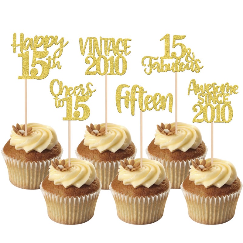 Rsstarxi 24 Pack Gold Happy 15th Birthday Cupcake Toppers Fifteen 15 Fabulous Vintage 2010 Cupcake Picks for Awesome Since 2010 Cheers to 15th Birthday Wedding Anniversary Party Cake Decorations - Image 1