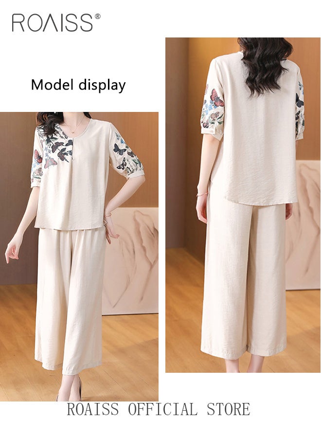 رويس بدلة نسائية، بلوزة بأكمام متوسطة وطول وسروال، طقم من قطعتين، طقم صيفي جديد غير رسمي خفيف الوزن بطبعة فراشة، طقم أنيق للارتداء اليومي للذهاب إلى العمل، برقبة على شكل V، باللون البيج - Image 2