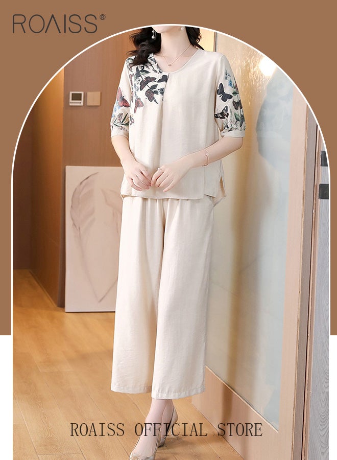 رويس بدلة نسائية، بلوزة بأكمام متوسطة وطول وسروال، طقم من قطعتين، طقم صيفي جديد غير رسمي خفيف الوزن بطبعة فراشة، طقم أنيق للارتداء اليومي للذهاب إلى العمل، برقبة على شكل V، باللون البيج - Image 1