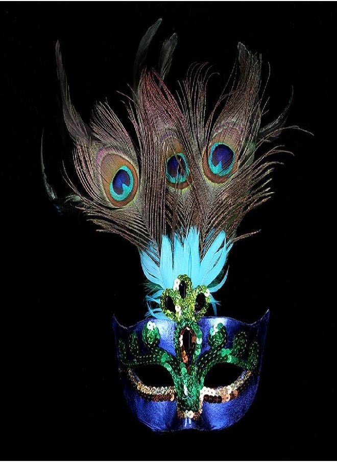 luckygift luckygift Womens Peacock Feather Mask Masquerade mask, Mardi Gras Mask Women Party Fancy Dress Costumes Venetian Mask Blue  - Image 1