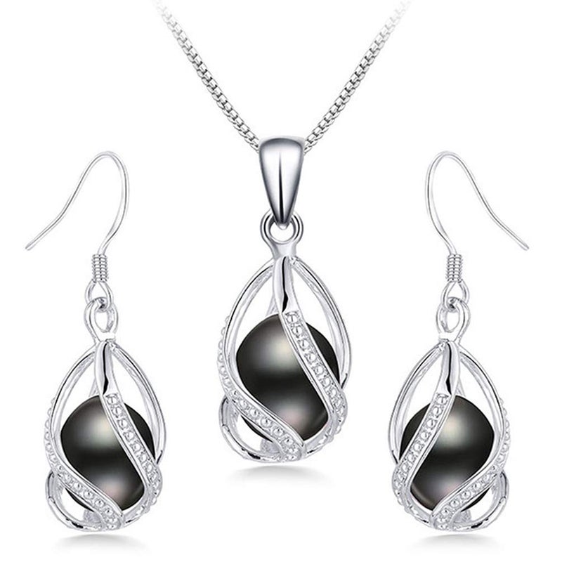 HENGSHENG Natural Pearl Jewelry Set For Women 925 Sterling Silver Necklace Pearl Pendant & Pearl Earrings Freshwater Pearl Drop Jewelry Set for Wedding Prom Gift - Black Pearls - Image 1